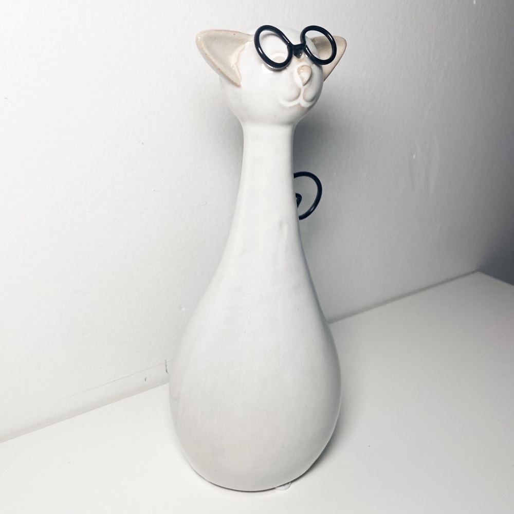 Ceramic Cat with Round Glasses, White, Cat Decor - Picture 3 of 5